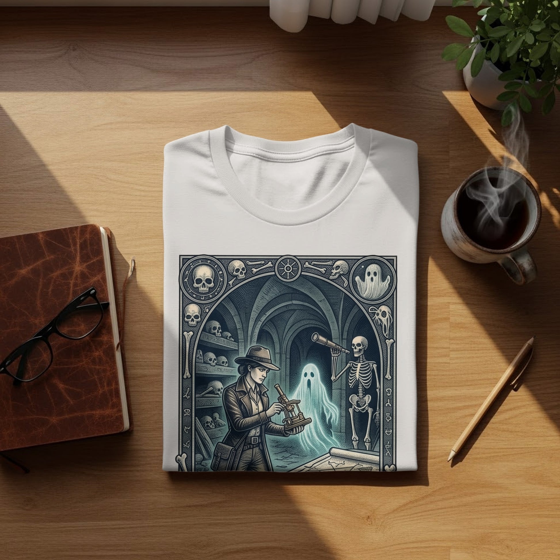 T-shirt with ghost hunting scene, skeletons, and ornate border.