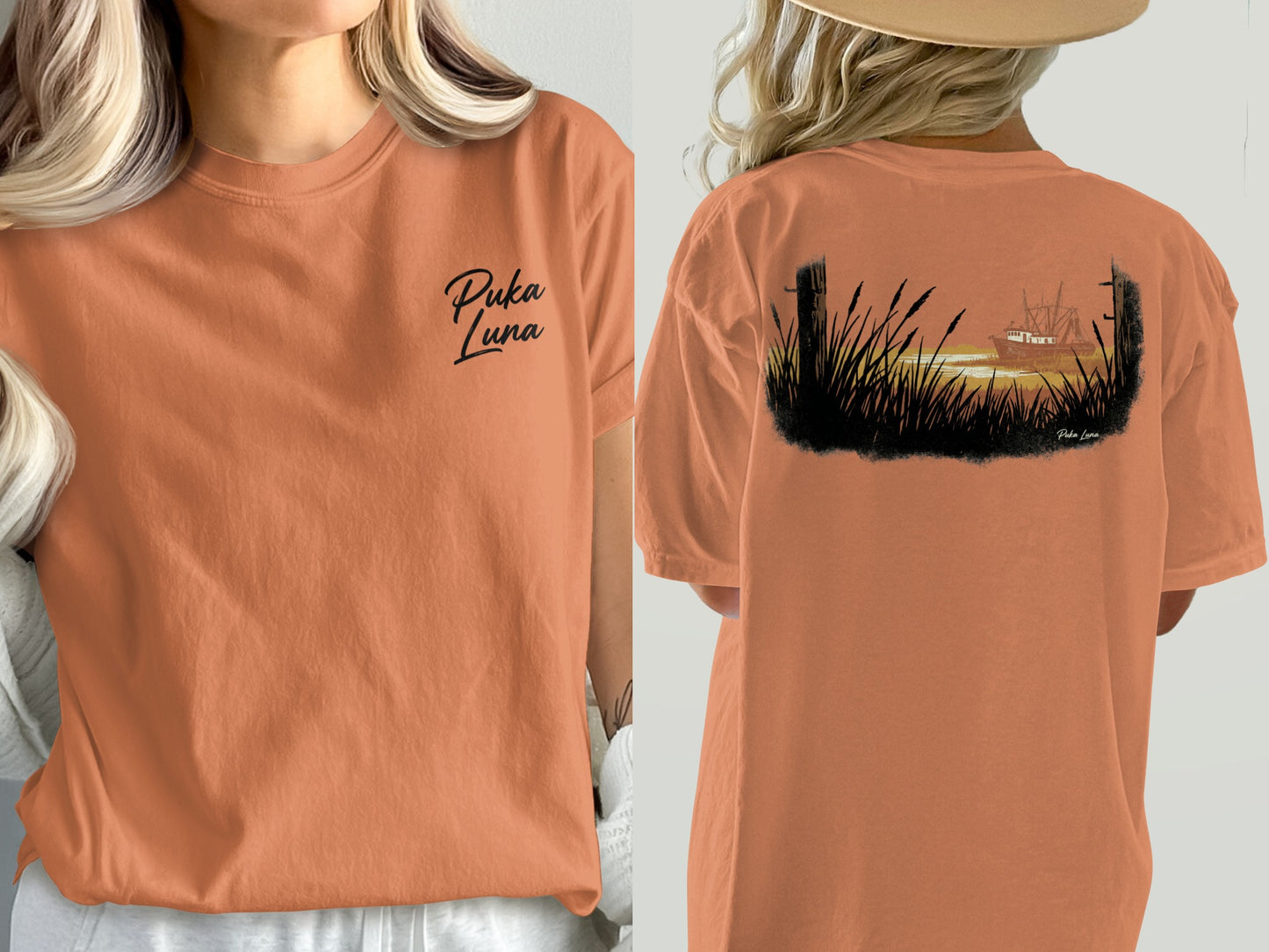 Orange t-shirt with Puka Luna logo on front, sunset fishing boat on back.