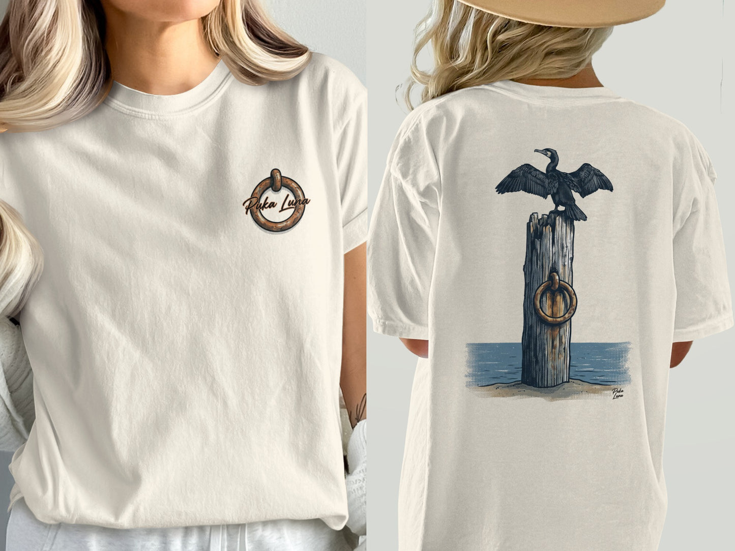 Cream t-shirt with circular logo on front, bird on post on back.
