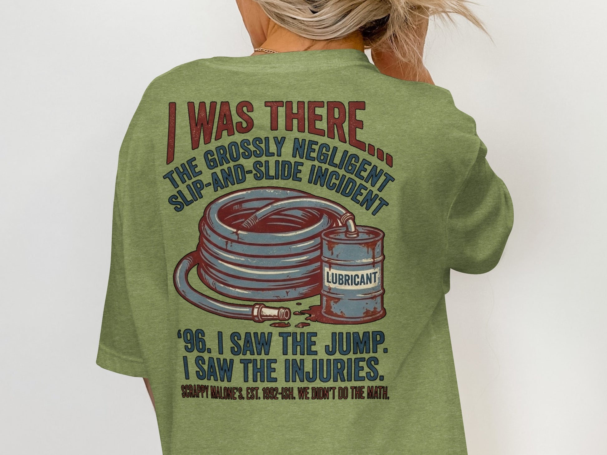 T-shirt with "The Grossly Negligent Slip-and-Slide Incident" and lubricant can.