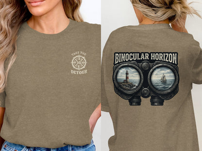Brown t-shirt featuring a compass logo on front and binoculars on back.
