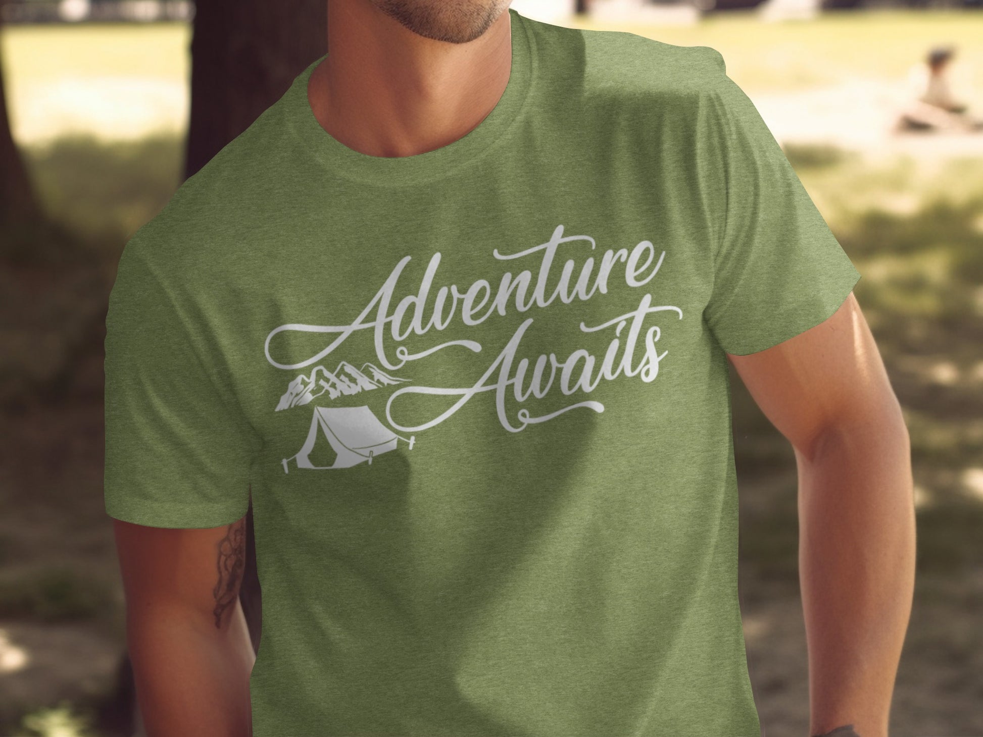 Adventure Awaits Tent Mountains Graphic Design T-Shirt T-Shirt - Outdoor & Adventure Collection - Mile Marker 16 Gear by Cloud 16 Clothing Co.