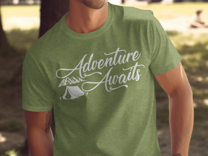 Adventure Awaits Tent Mountains Graphic Design T-Shirt T-Shirt - Outdoor & Adventure Collection - Mile Marker 16 Gear by Cloud 16 Clothing Co.