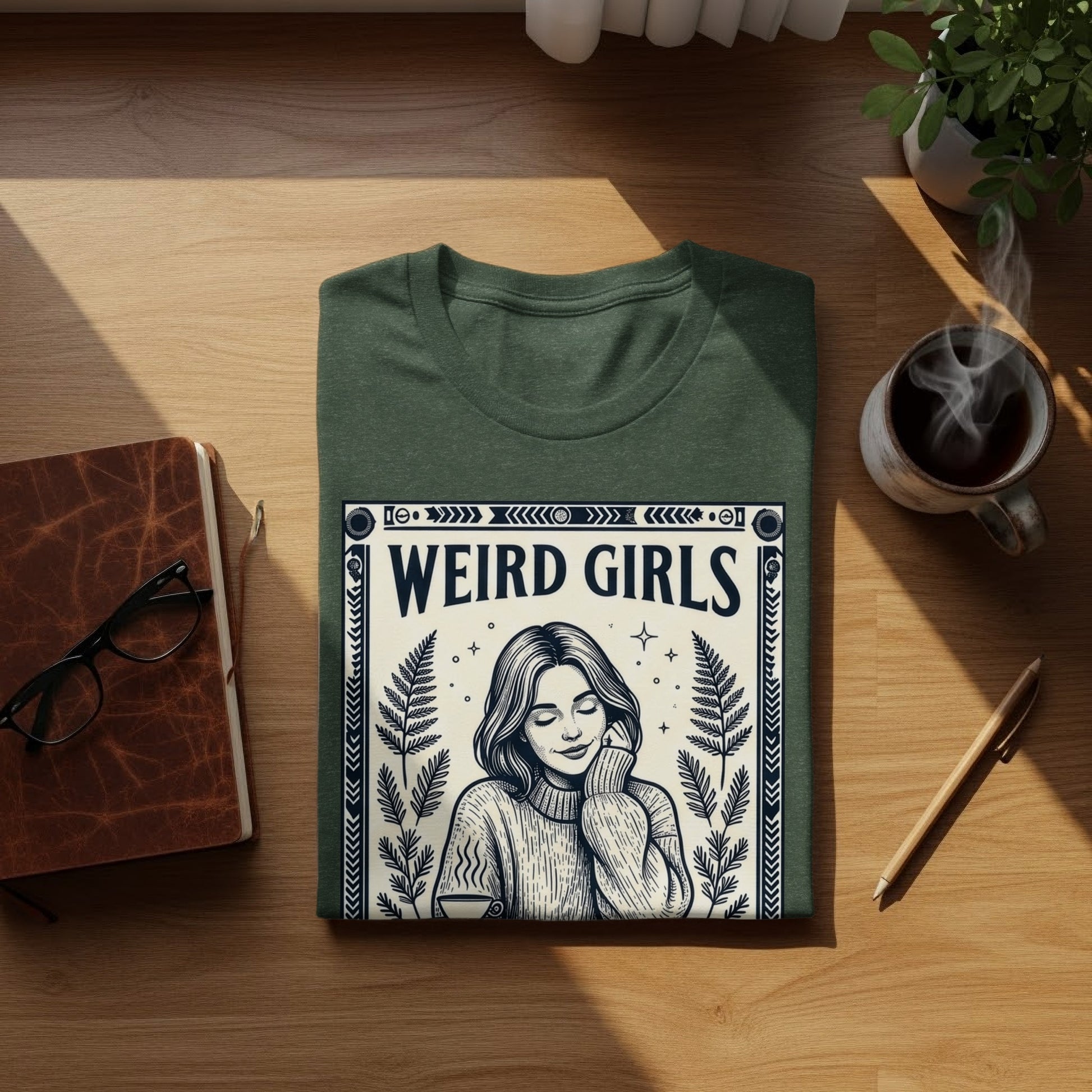 Green t-shirt with "WEIRD GIRLS" text and illustrated woman holding a mug.