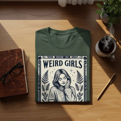 Green t-shirt with "WEIRD GIRLS" text and illustrated woman holding a mug.