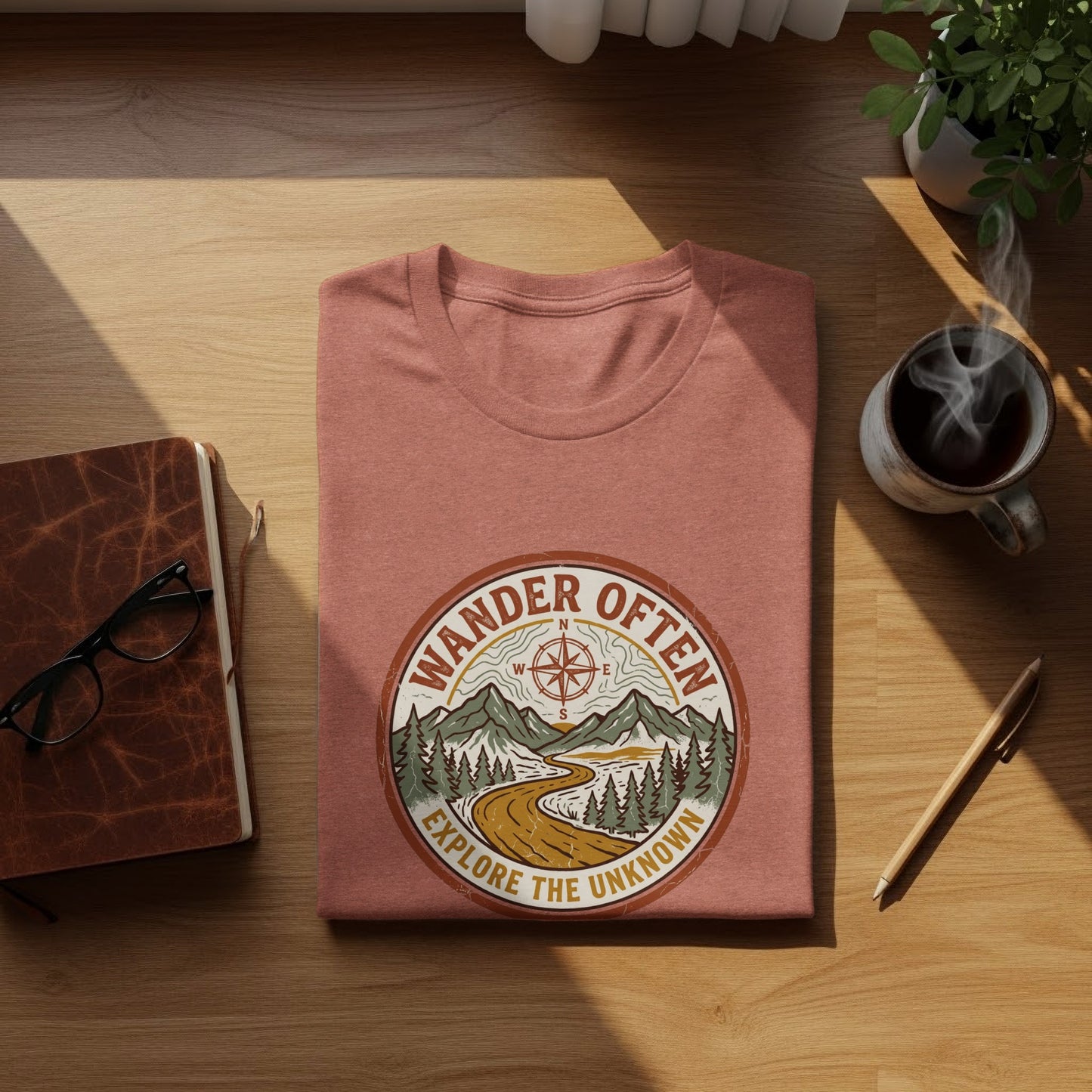 The Original Wander Often Vintage Explorer Adventure Top: T-shirt with circular "Wander Often Explore the Unknown" graphic featuring mountains and trees.