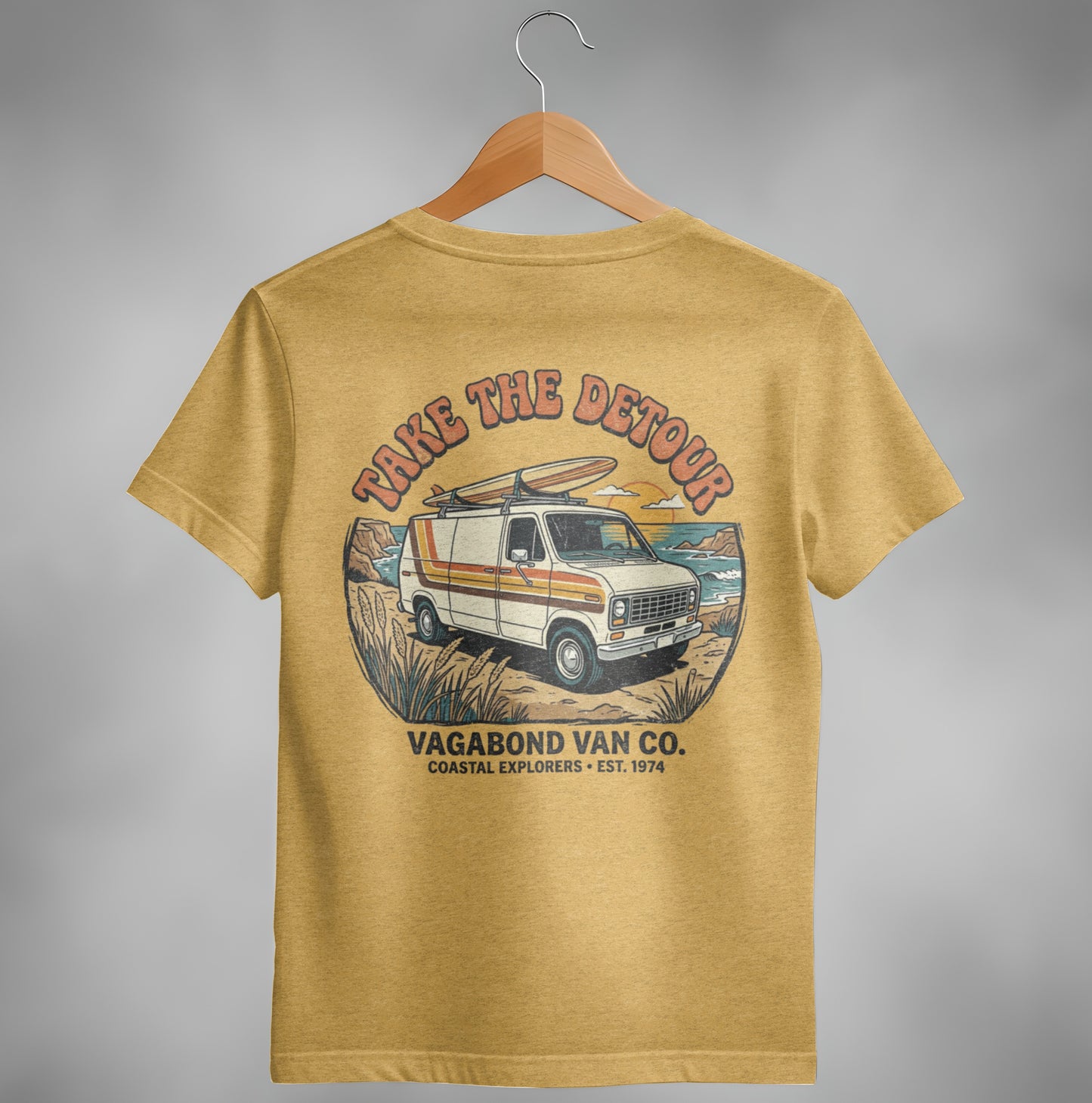 T-shirt with vintage van, surfboard, and "Take the Detour" text.