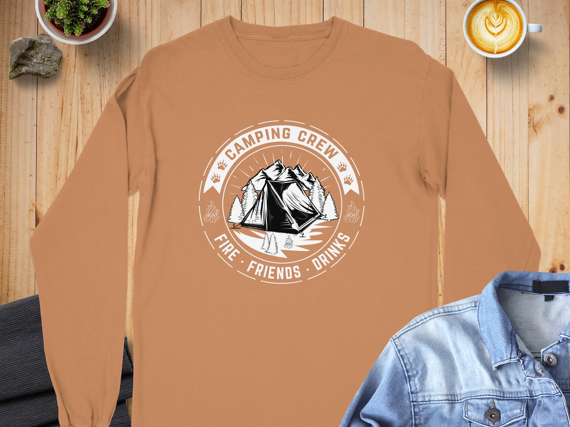 Camping Crew Fire Friends Drinks Graphic Long Sleeve Shirt