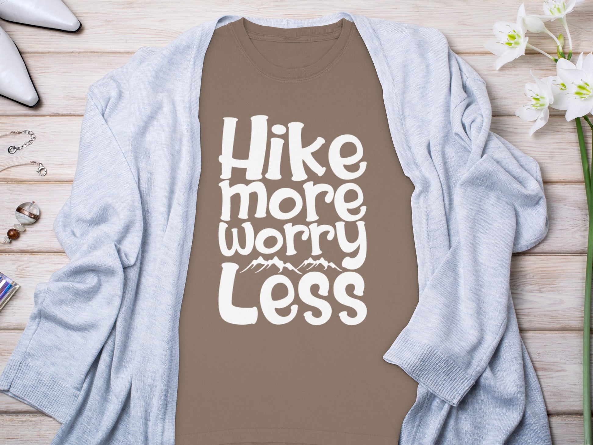 Hike More Worry Less With Mountain Graphic Long Sleeve T-Shirt Long Sleeve Tee - Outdoor & Adventure Collection - Mile Marker 16 Gear by Cloud 16 Clothing Co.