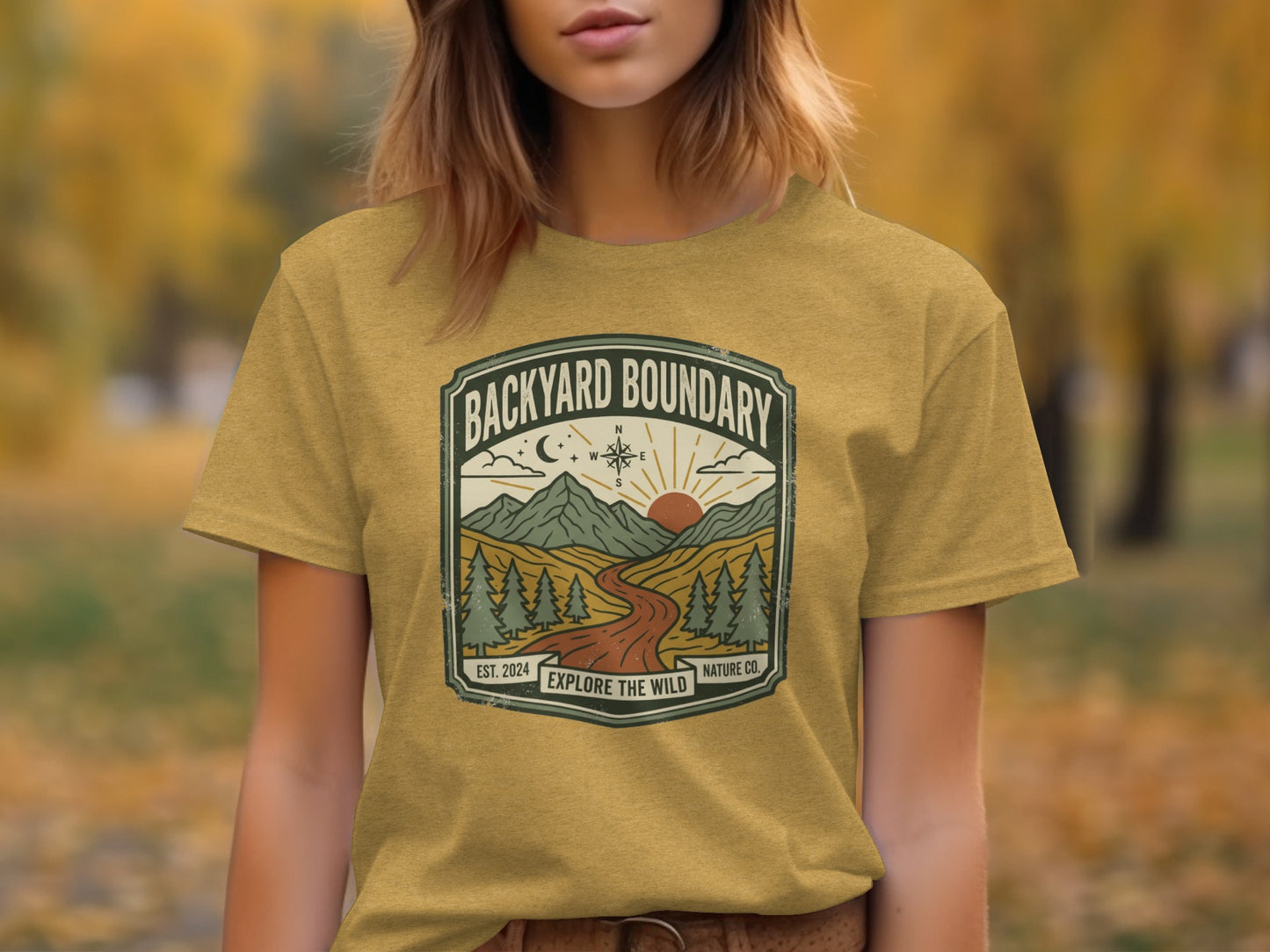 Rugged Backyard Boundary: Explore The Wild Wilderness Shirt: Yellow t-shirt with "Backyard Boundary Explore the Wild" nature graphic.