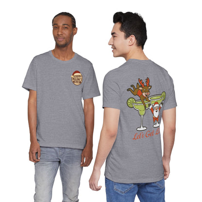Scrappy Malone's Bar Christmas Tee — "Let's Get Lit" Santa & Rudolf Hanging from Martini Glass