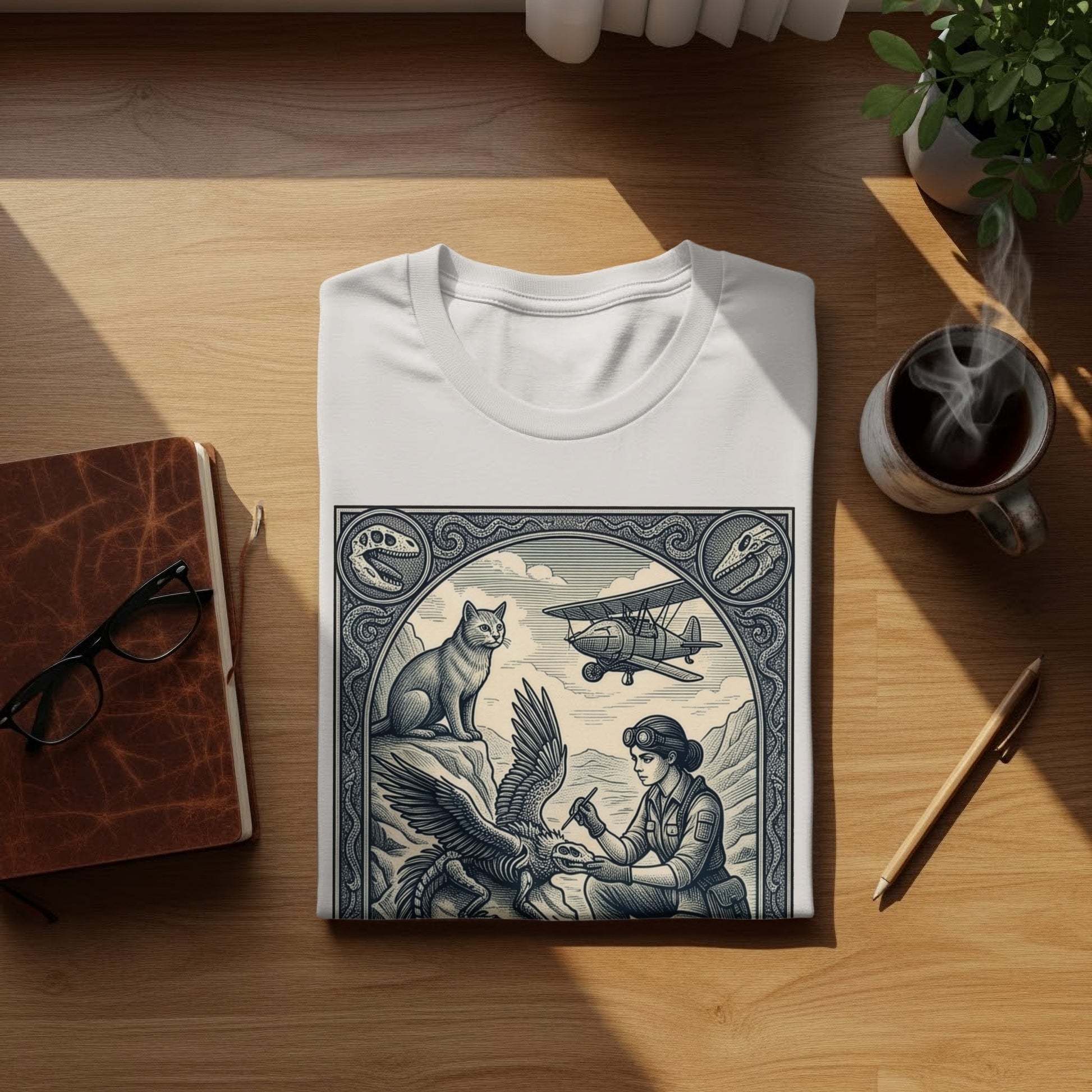 White t-shirt with vintage illustration of a woman, eagle, cat, and airplane.
