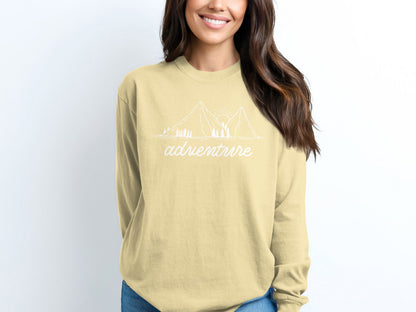 Adventure Awaits Mountains and Sunshine Graphic Long Sleeve T-Shirt Long Sleeve Tee - Outdoor & Adventure Collection - Mile Marker 16 Gear by Cloud 16 Clothing Co.