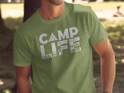 Camp Life Illustration with Tent and Fire Design T-Shirt T-Shirt - Outdoor & Adventure Collection - Mile Marker 16 Gear by Cloud 16 Clothing Co.