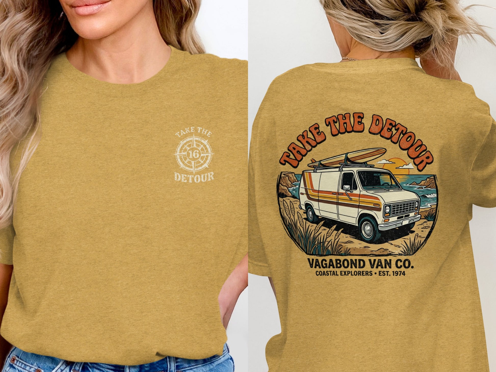 Yellow t-shirt with "Take the Detour" and van graphic on back, map icon on front.