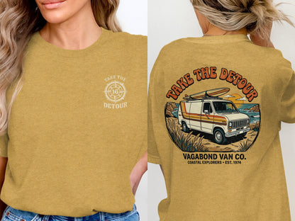 Yellow t-shirt with "Take the Detour" and van graphic on back, map icon on front.