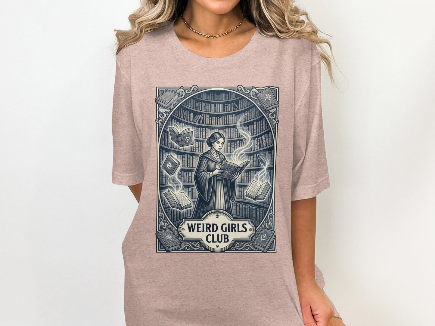 Graphic of a woman reading among bookshelves with "Weird Girls Club" text.