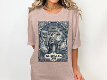 Graphic of a woman reading among bookshelves with "Weird Girls Club" text.
