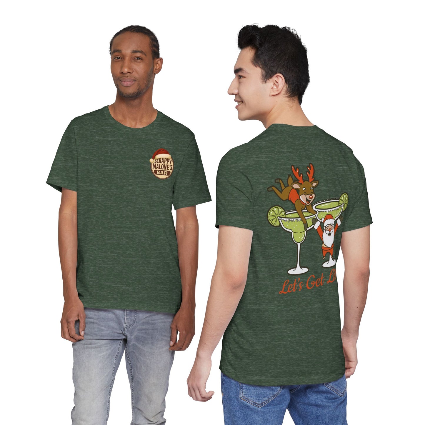 Scrappy Malone's Bar Christmas Tee — "Let's Get Lit" Santa & Rudolf Hanging from Martini Glass