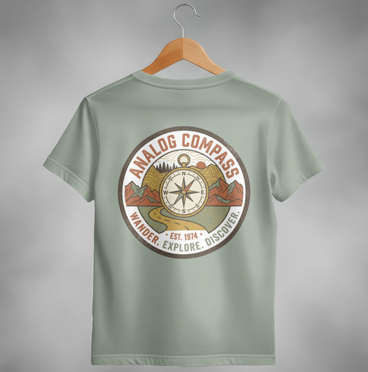 T-shirt with circular "Analog Compass" graphic featuring a compass rose and mountain path.