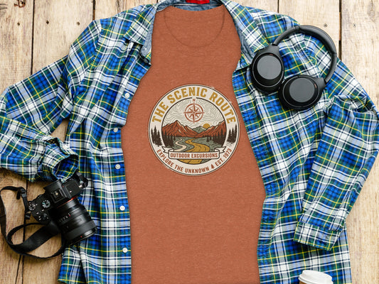 Heritage Scenic Route Vintage Explorer Tee Nomad Tee: Brown t-shirt with "The Scenic Route Explore The Unknown" logo, worn over plaid shirt.