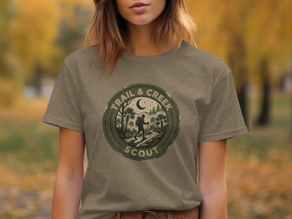 Heritage Trail & Creek Scout Adventure Nomad Tee: Trail & Creek Scout circular logo with hiker and trees on a t-shirt.