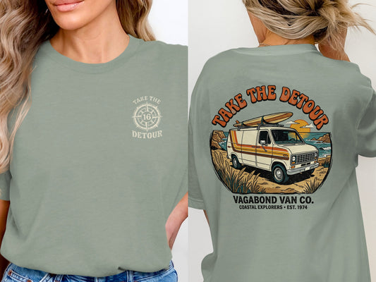 T-shirt with "Take the Detour" and compass design on front, van graphic on back.
