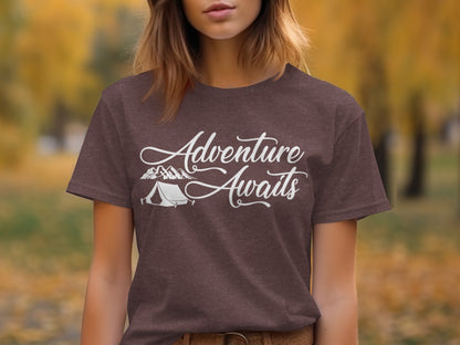 Adventure Awaits Tent Mountains Graphic Design T-Shirt T-Shirt - Outdoor & Adventure Collection - Mile Marker 16 Gear by Cloud 16 Clothing Co.