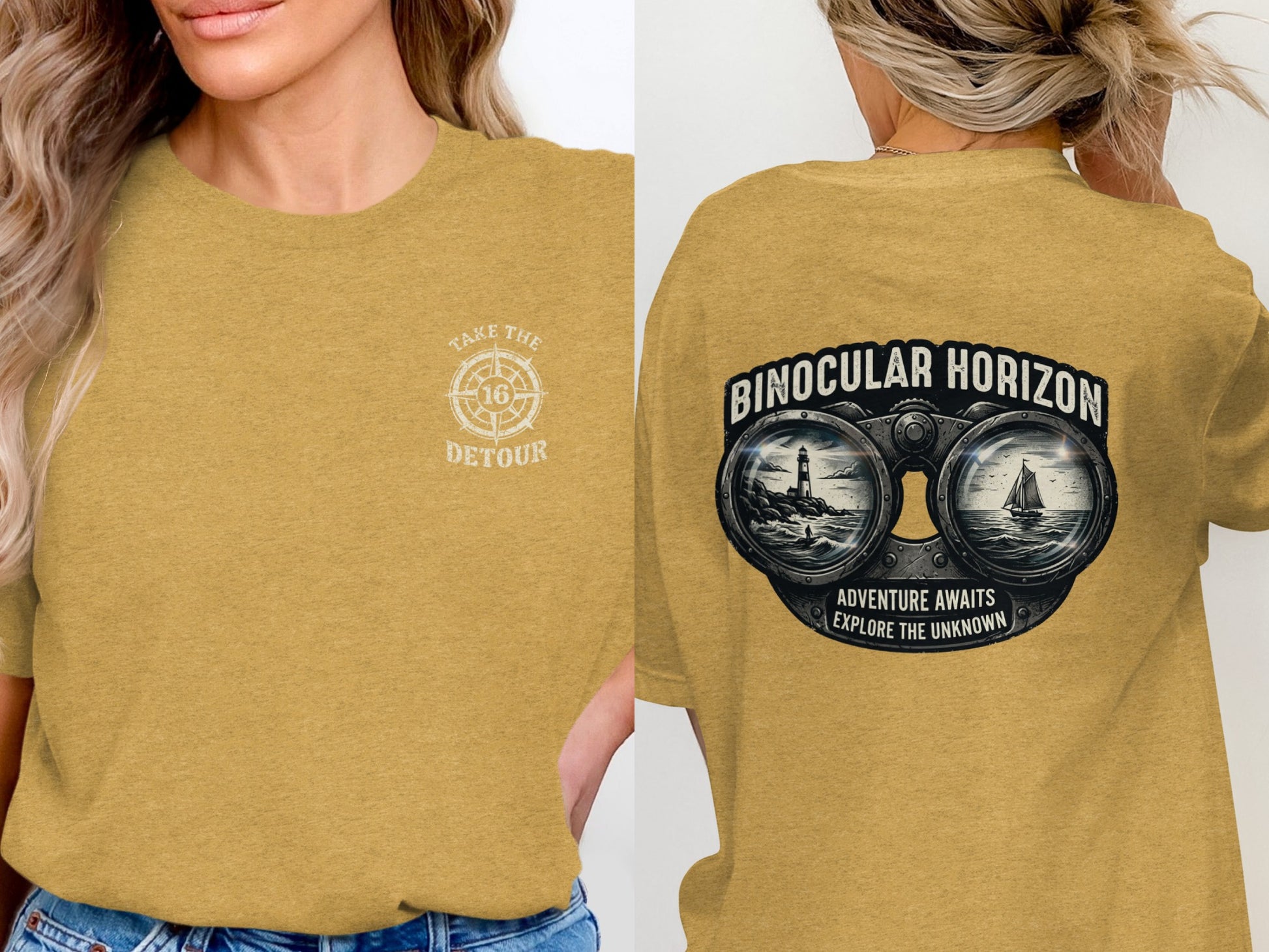 Gold t-shirt with "Binocular Horizon" graphic and compass logo.