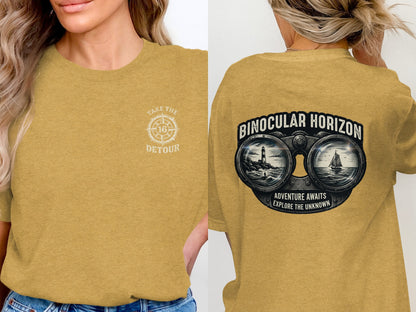 Gold t-shirt with "Binocular Horizon" graphic and compass logo.