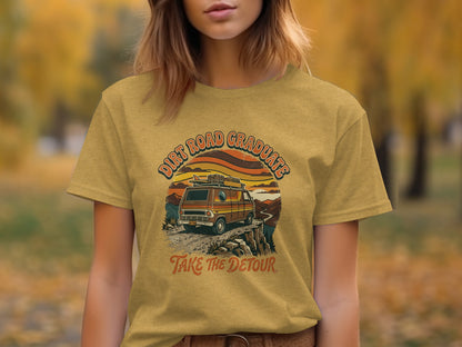 Heritage Dirt Road Graduate Adventure Tee Nomad Tee: T-shirt graphic with vintage van on cliff, "Dirt Road Graduate Take the Detour" text.