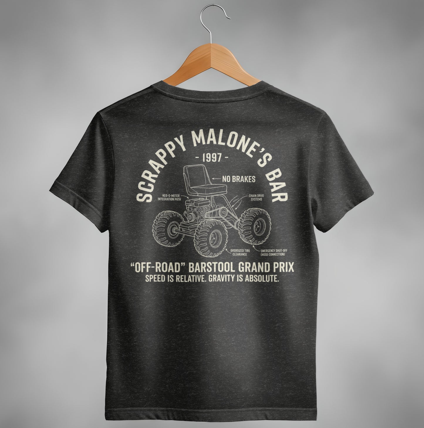 T-shirt with "Scrappy Malone's Bar" and off-road barstool grand prix graphic.