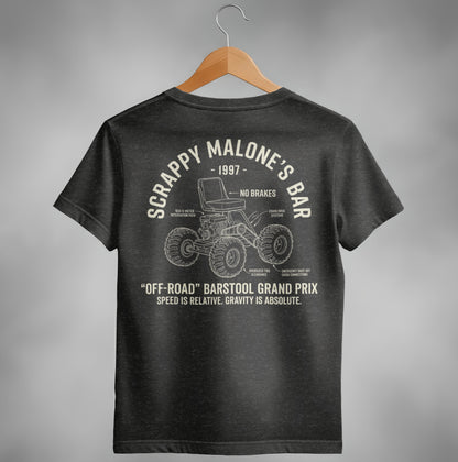 T-shirt with "Scrappy Malone's Bar" and off-road barstool grand prix graphic.
