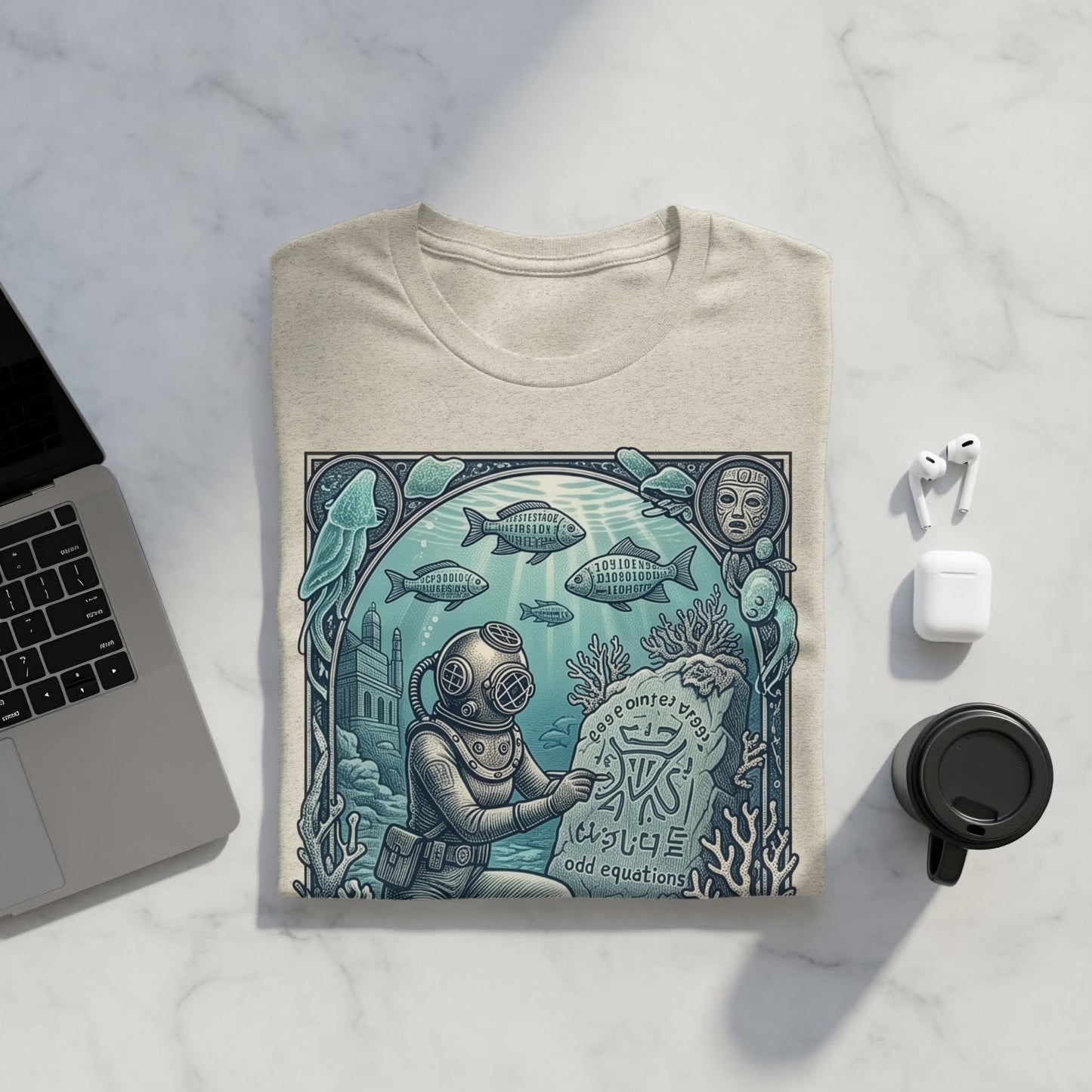 Diver in vintage gear with aquatic life and ancient symbols on a t-shirt.