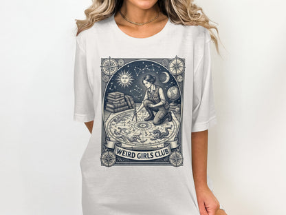 T-shirt with astrological chart design featuring a woman and celestial elements.