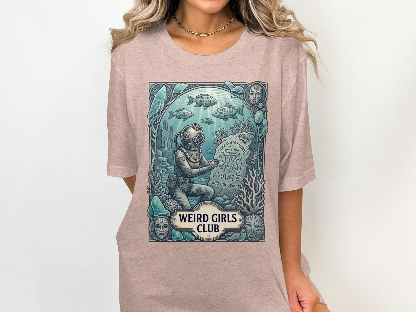 Diver explores underwater ruins with "Weird Girls Club" logo and fish.
