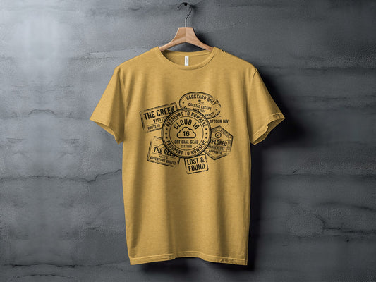 Rugged Wanderlust Passport Stamp Graphic Wilderness Shirt: Yellow t-shirt with travel stamps: Passport to Nowhere, Cloud 16, Backyard Gulf.