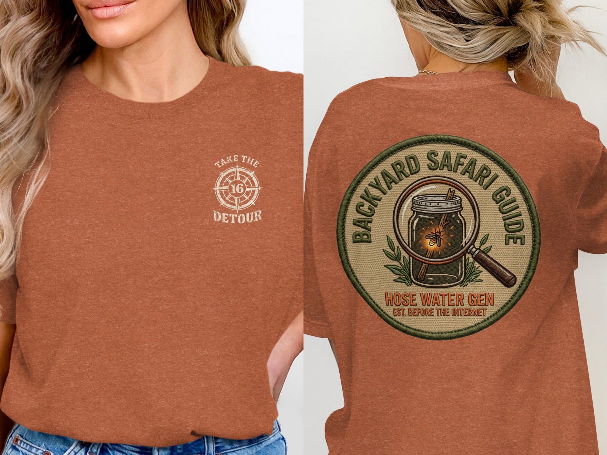 T-shirt with "TAKE THE DETOUR" and compass on front, "BACKYARD SAFARI GUIDE" on back.