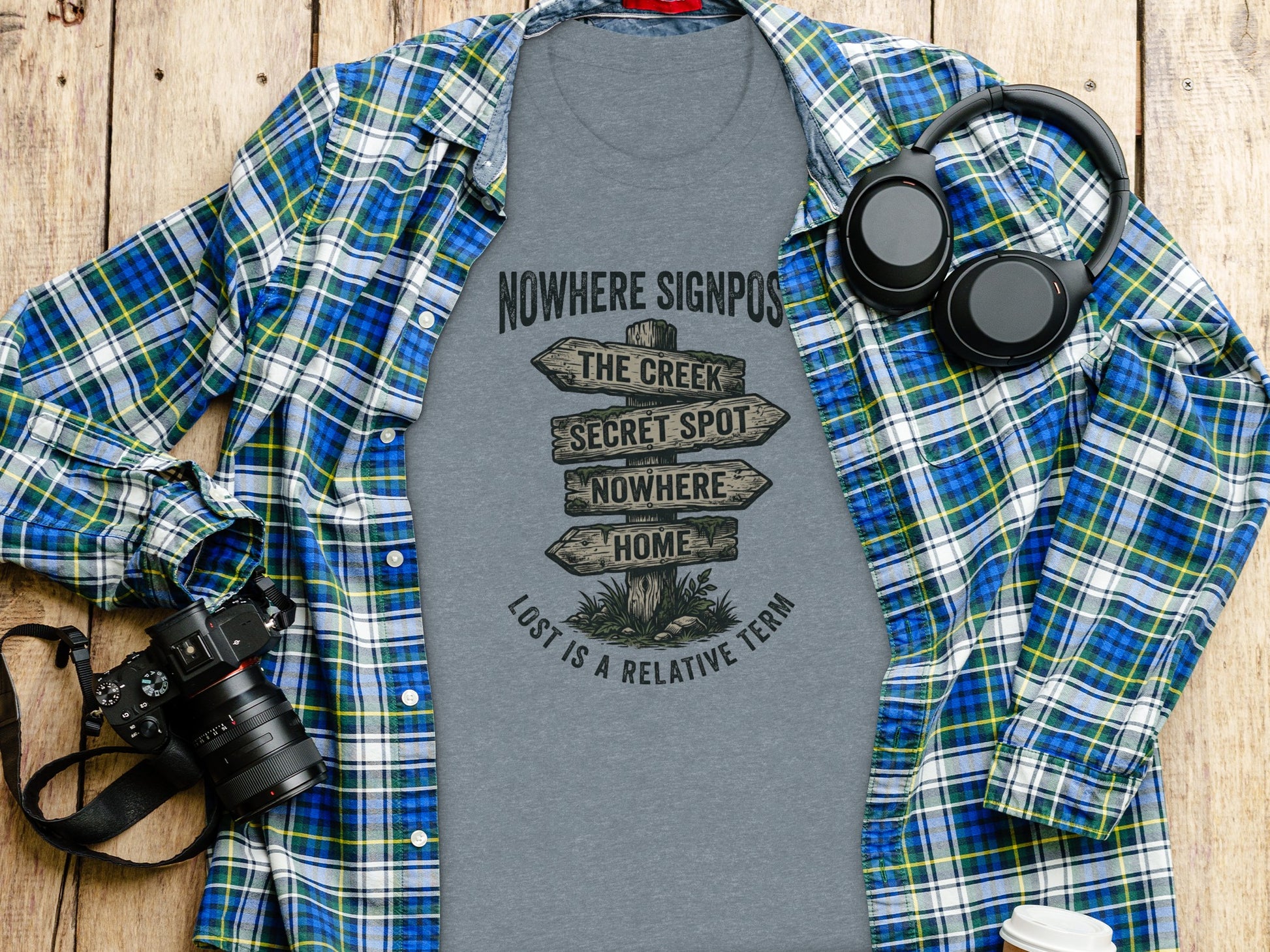 Nowhere Signpost Adventure: Backcountry Outpost Shirt: Gray t-shirt with "Nowhere Signpost" graphic displaying directional arrows.