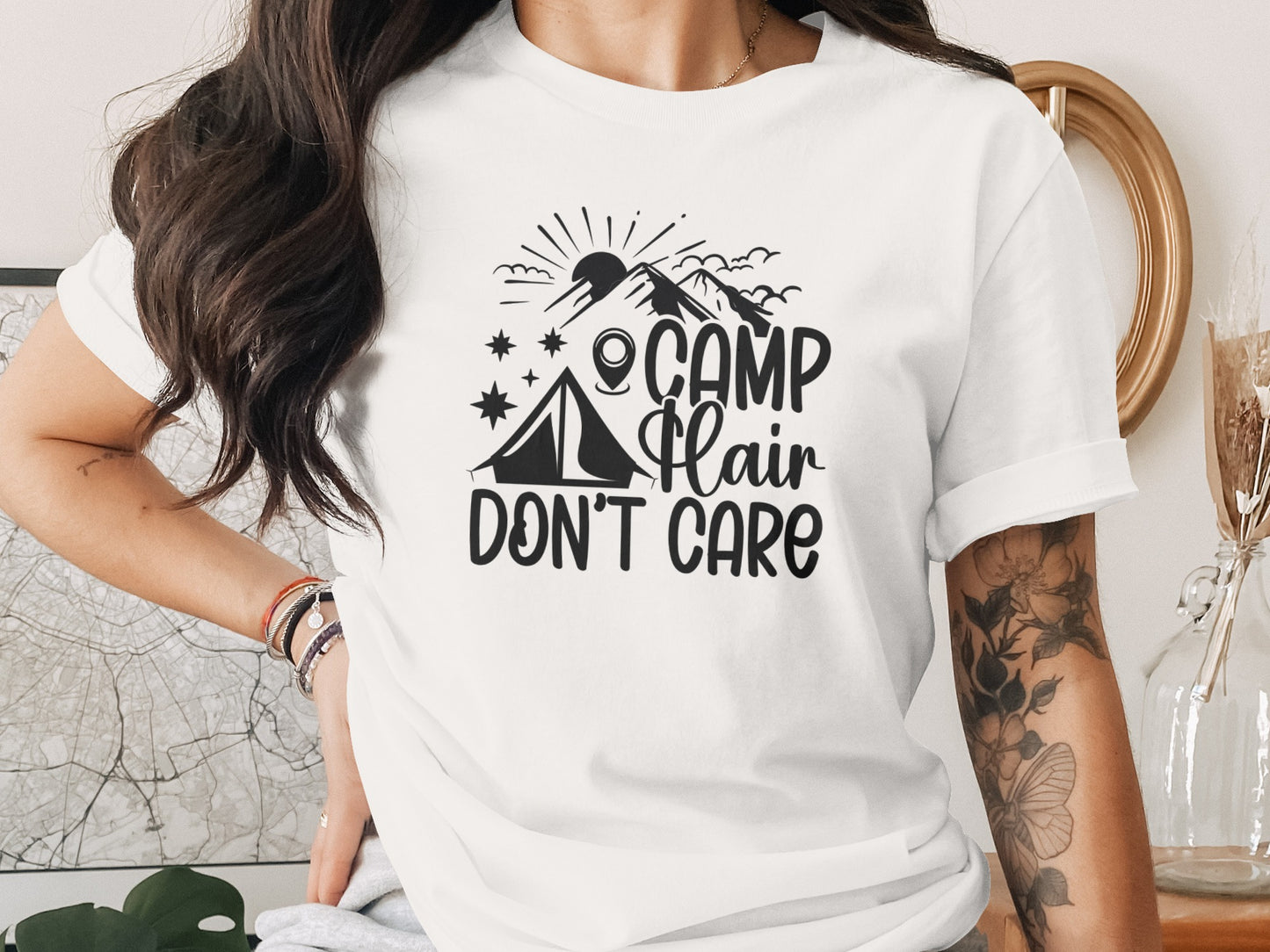 Camp Hair Dont Care with Mountain Scene Graphic T-Shirt T-Shirt - Outdoor & Adventure Collection - Mile Marker 16 Gear by Cloud 16 Clothing Co.