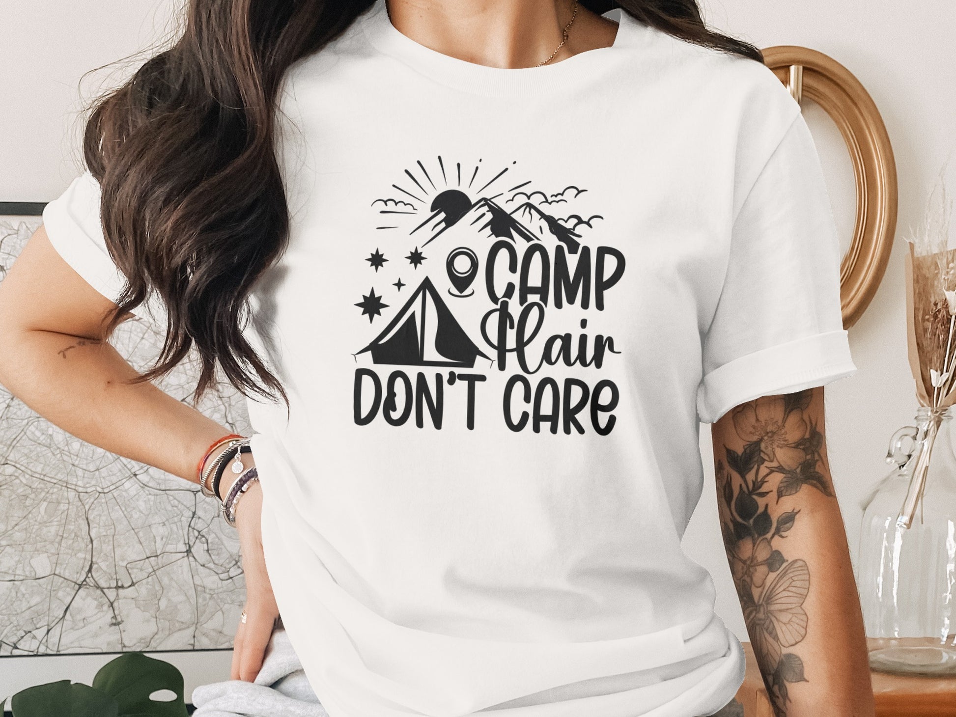 Camp Hair Dont Care with Mountain Scene Graphic T-Shirt T-Shirt - Outdoor & Adventure Collection - Mile Marker 16 Gear by Cloud 16 Clothing Co.