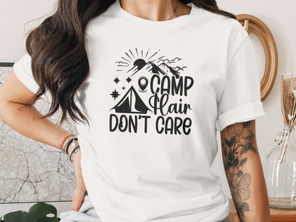 Camp Hair Dont Care with Mountain Scene Graphic T-Shirt T-Shirt - Outdoor & Adventure Collection - Mile Marker 16 Gear by Cloud 16 Clothing Co.