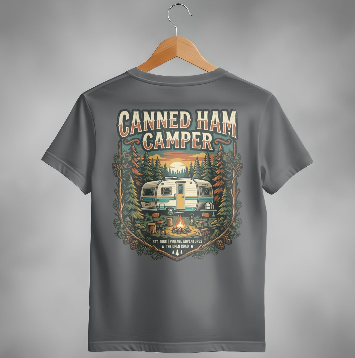 Gray t-shirt with "Canned Ham Camper" logo and vintage camper scene.