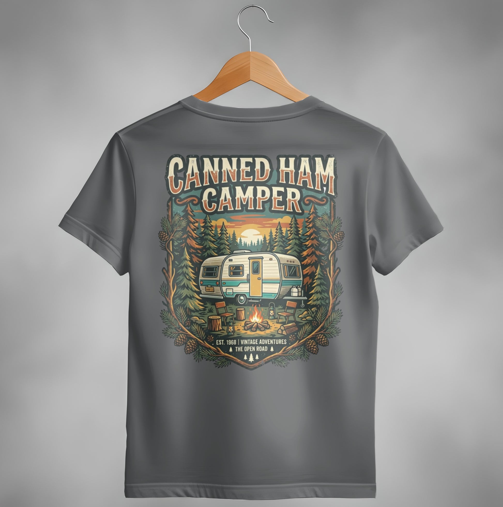Gray t-shirt with "Canned Ham Camper" logo and vintage camper scene.