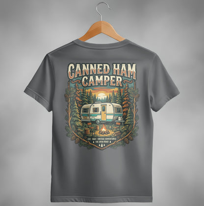 Gray t-shirt with "Canned Ham Camper" logo and vintage camper scene.