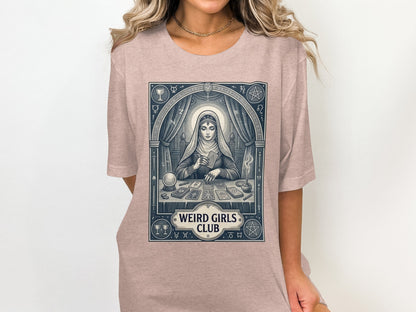 Tarot card reader with "Weird Girls Club" logo.