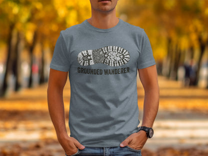 Grounded Wanderer Boot Print | Vintage Outdoor Apparel: Grey t-shirt with a boot print and "GROUNDED WANDERER" text.