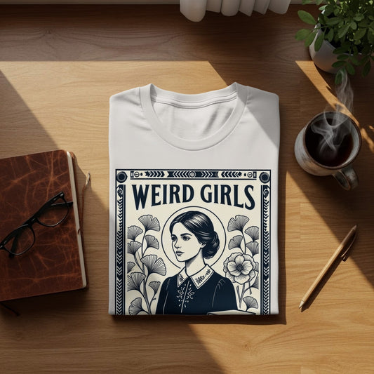 White t-shirt with "WEIRD GIRLS" text and woman's portrait with flowers.