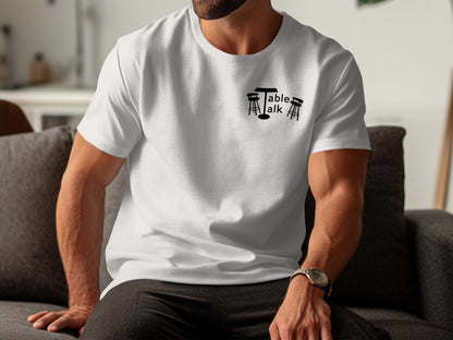Stylish White T-shirt with Table Talk Graphic Design