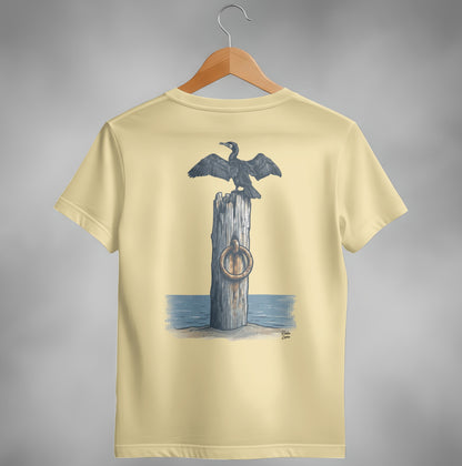 Cream t-shirt with a cormorant on a post with a ring.